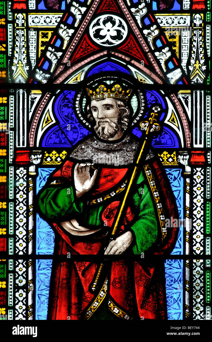 Edward the Confessor stained glass, St. Mary`s Church, Kempsford, Gloucestershire, England, UK Stock Photo
